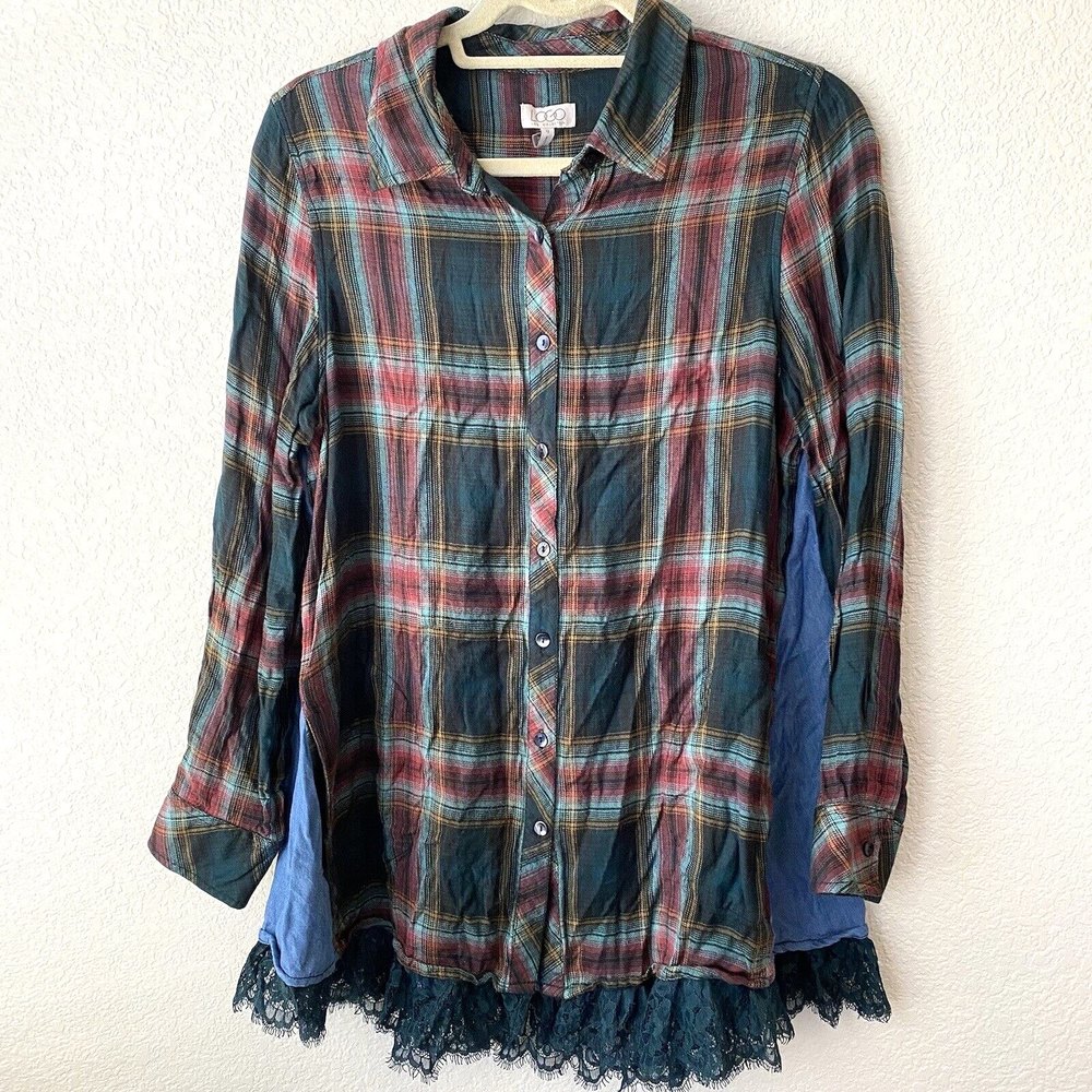 Logo by Lori Goldstein Womens Plaid Lace Trim Button Front Shirt Size 8